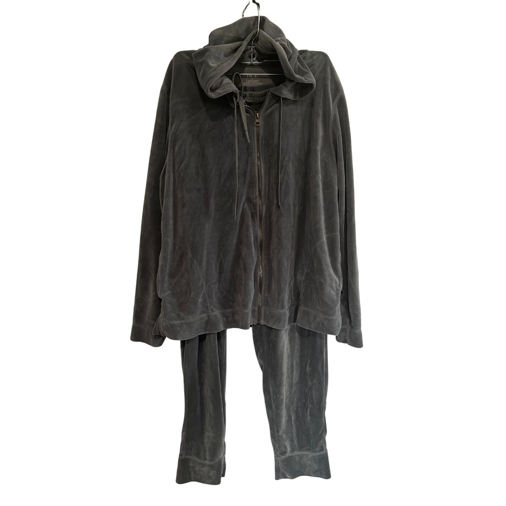 HUE Women Charcoal Gray Velour Tracksuit 2 Piece Set Zip Hoodie Joggers Large